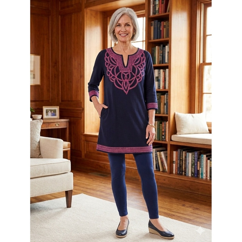 Gretchen Scott Resort Wear Navy Pink Embroiderd Tunic Dress 3/4 Sleeve Pockets S